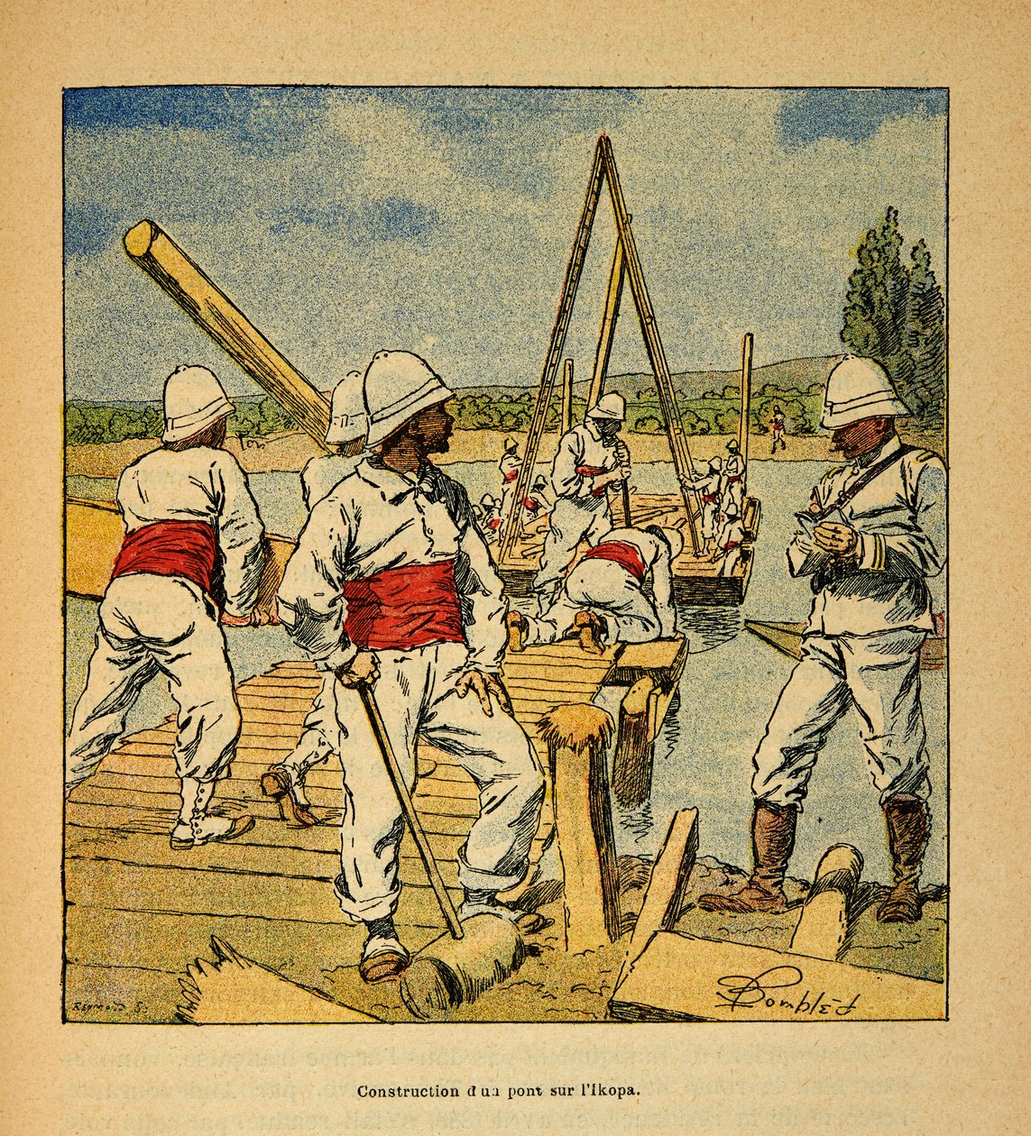 La guerra in Madagascar: Storia aneddotica delle spedizioni francesi del 1885-1895 di Henri Galli, illustrata da Louis Bombled: Costruzione di un ponte sul fiume Ikopa nel 1895, Collezione privata da Louis Charles Bombled