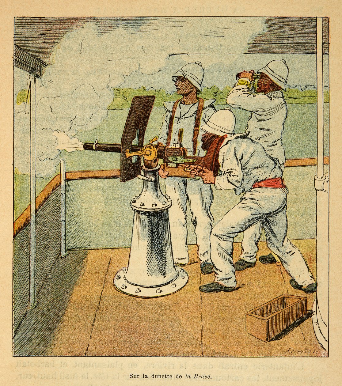 La guerra in Madagascar: Storia aneddotica delle spedizioni francesi del 1885-1895 di Henri Galli, illustrata da Louis Bombled: Colpo di cannone sugli Hovas a bordo della cannoniera 