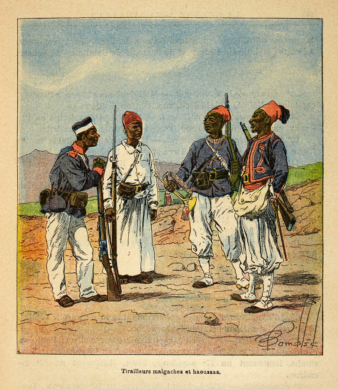 La guerra in Madagascar: Storia aneddotica delle spedizioni francesi del 1885-1895 di Henri Galli, illustrata da Louis Bombled: Tirailleurs malgasci e haoussas, Collezione privata da Louis Charles Bombled