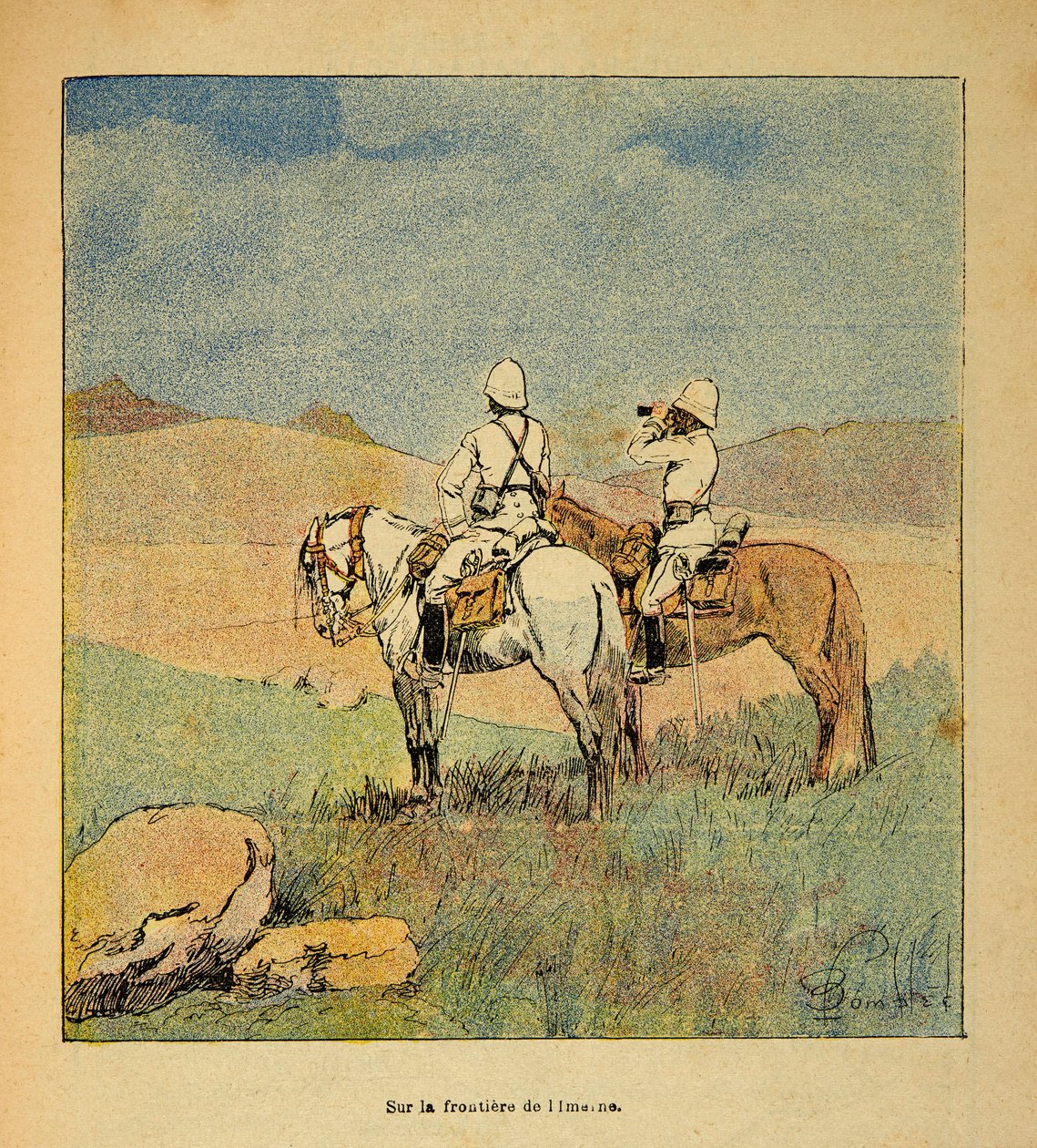 La guerra in Madagascar - Storia aneddotica delle spedizioni francesi del 1885-1895 di Henri Galli detto Galllichet (1854-1922), illustrato da Louis Bombled (1862-1927): Militari in ricognizione al confine di Imerina in Madagascar nel 1895 da Louis Charles Bombled