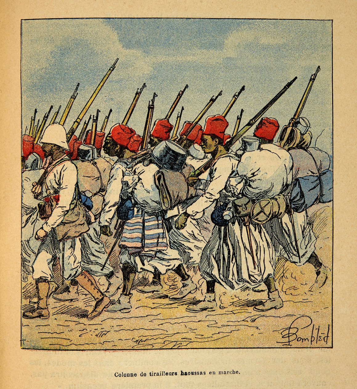 La guerra in Madagascar - Storia aneddotica delle spedizioni francesi del 1885-1895 di Henri Galli detto Galllichet (1854-1922), illustrato da Louis Bombled (1862-1927): Colonna di tiratori Haoussas in marcia nel 1895 da Louis Charles Bombled