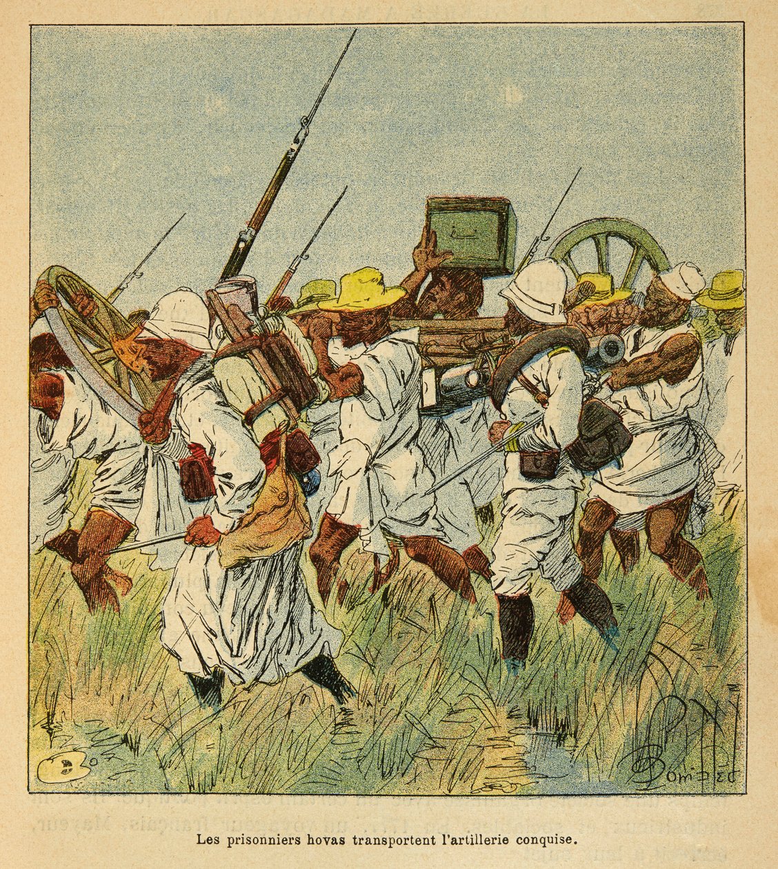La guerra in Madagascar - Storia aneddotica delle spedizioni francesi del 1885-1895 di Henri Galli detto Galllichet (1854-1922), illustrato da Louis Bombled (1862-1927): Prigionieri Hovas usati per trasportare pezzi di artiglieria da Louis Charles Bombled