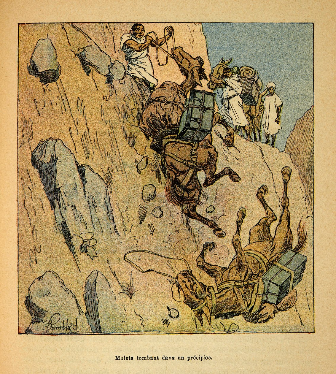 La Guerra in Madagascar-Storia Aneddotica delle Spedizioni Francesi del 1885-1895 di Henri Galli detto Galllichet (1854-1922), illustrata da Louis Bombled (1862-1927): Muli di un convoglio militare che cadono in un precipizio, Collezione Privata da Louis Charles Bombled