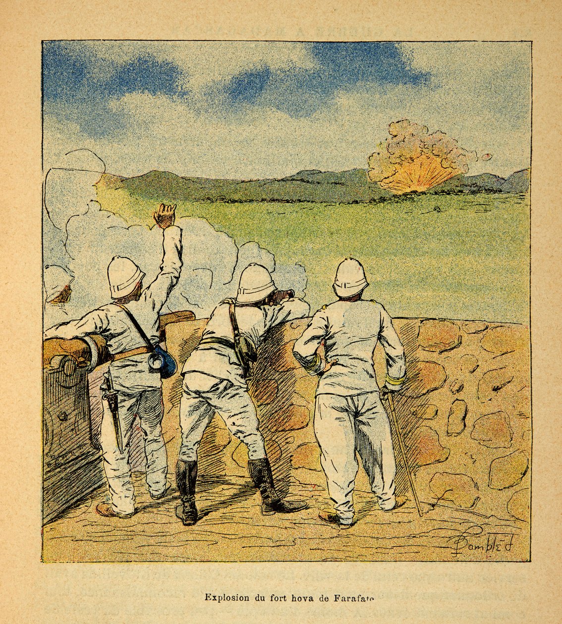La guerra in Madagascar-Storia aneddotica delle spedizioni francesi del 1885-1895 di Henri Galli, illustrato da Louis Bombled: Esplosione del Forte Hova a Farafate nel 1895 da Louis Charles Bombled