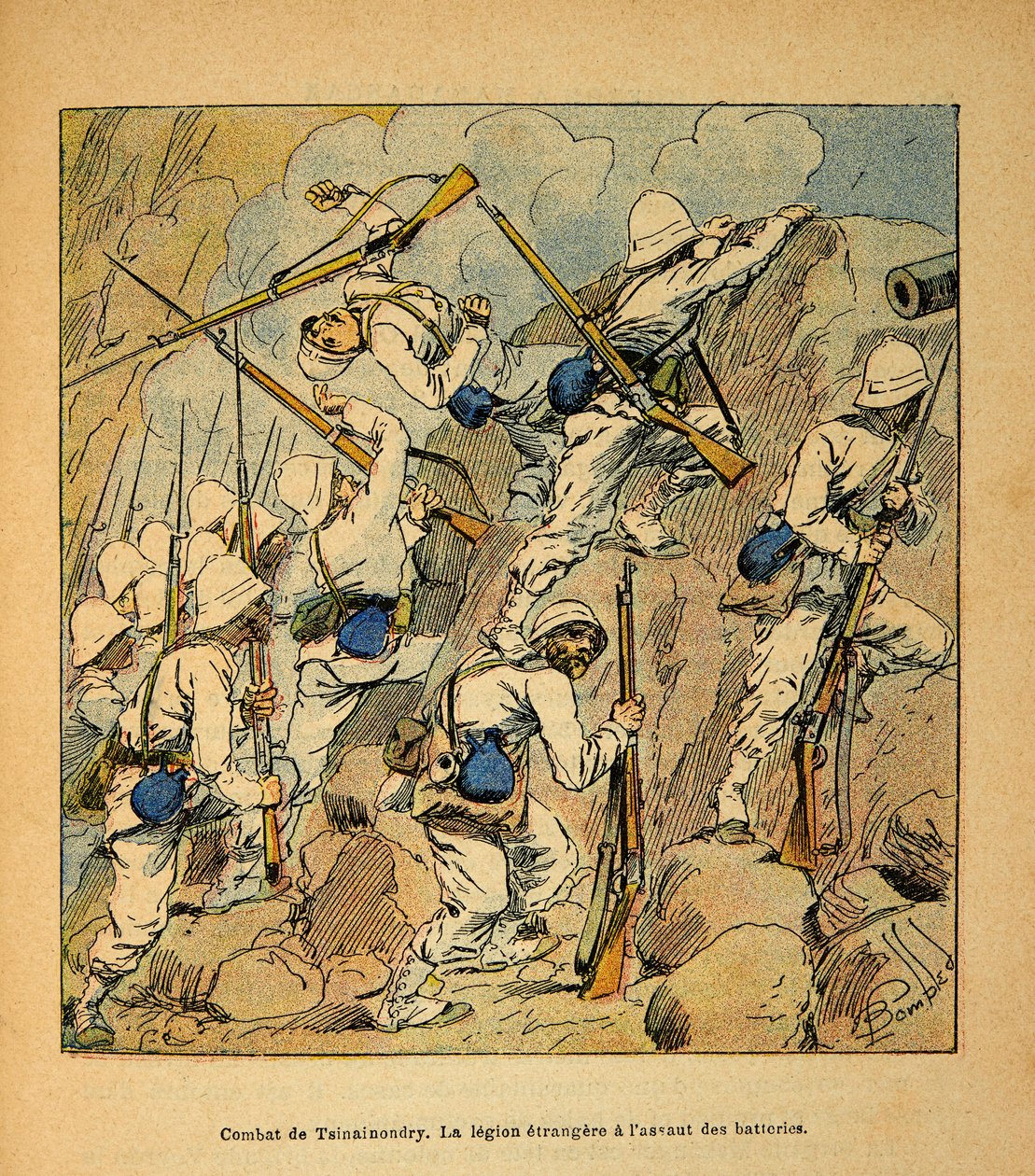 La guerra in Madagascar-Storia aneddotica delle spedizioni francesi del 1885-1895 di Henri Galli, illustrato da Louis Bombled: Battaglia di Tsinainondry, la legione straniera all
