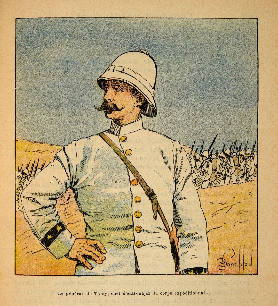 La guerra in Madagascar-Storia aneddotica delle spedizioni francesi del 1885-1895 di Henri Galli, illustrato da Louis Bombled: Ritratto del generale De Torcy (1844-1918), capo di stato maggiore della forza di spedizione in Madagascar da Louis Charles Bombled