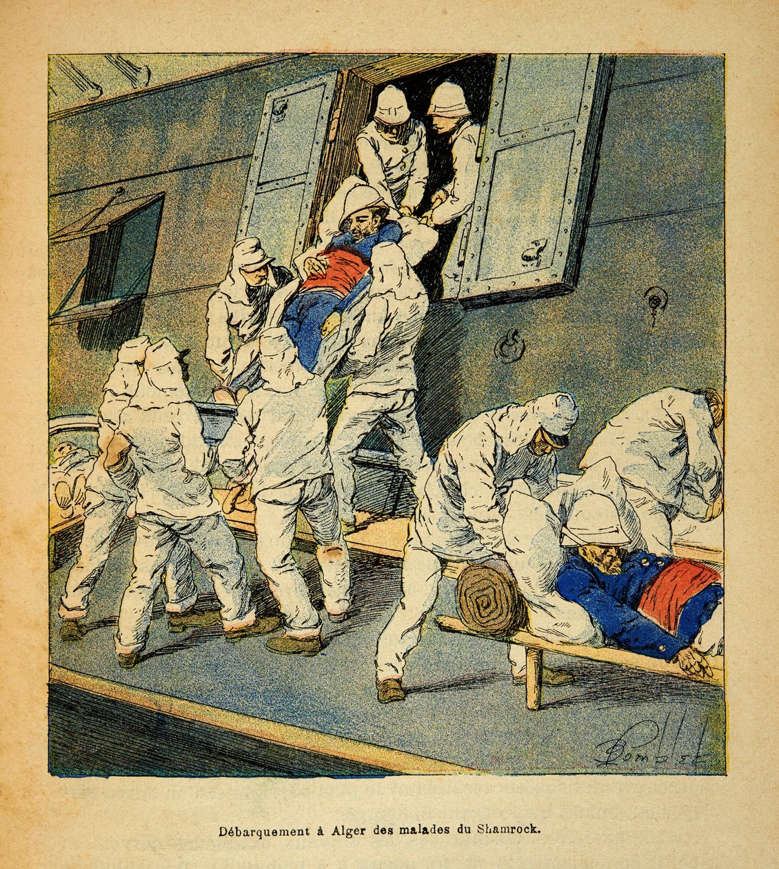 La guerra in Madagascar-Storia aneddotica delle spedizioni francesi del 1885-1895 di Henri Galli, illustrato da Louis Bombled: Sbarco ad Algeri nel 1895 delle truppe malate della nave ospedale Shamrock da Madagascar da Louis Charles Bombled