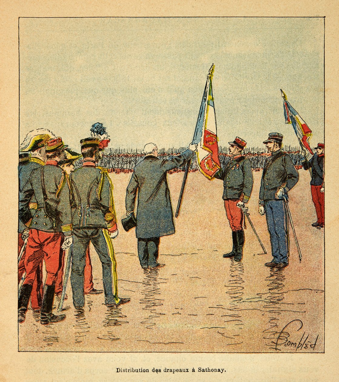 La guerra in Madagascar-Storia aneddotica delle spedizioni francesi del 1885-1895 di Henri Galli, illustrato da Louis Bombled: Distribuzione di bandiere a Sathonay alle truppe in partenza per il Madagascar nel 1895 alla presenza del presidente della repubb da Louis Charles Bombled
