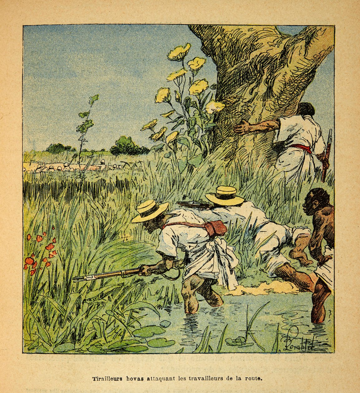 La guerra in Madagascar-Storia aneddotica delle spedizioni francesi del 1885-1895 di Henri Galli, illustrato da Louis Bombled: Tirailleurs Hovas che attaccano i militari che costruiscono una strada nel 1895 da Louis Charles Bombled