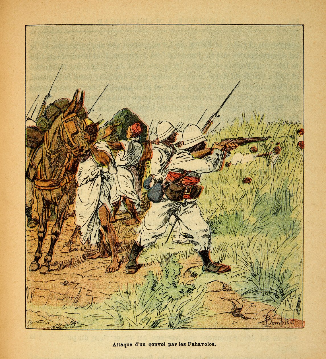 La guerra in Madagascar-Storia aneddotica delle spedizioni francesi del 1885-1895 di Henri Galli, illustrato da Louis Bombled: Attacco di un convoglio militare da parte dei Fahavolos da Louis Charles Bombled