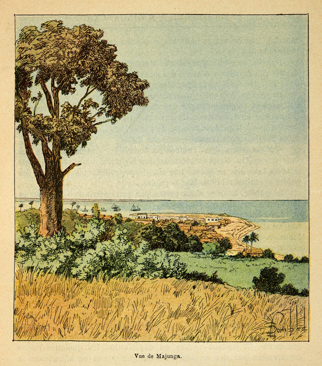 La guerra in Madagascar-Storia aneddotica delle spedizioni francesi del 1885-1895 di Henri Galli, illustrato da Louis Bombled: Vista della città di Majunga nel XIX secolo da Louis Charles Bombled