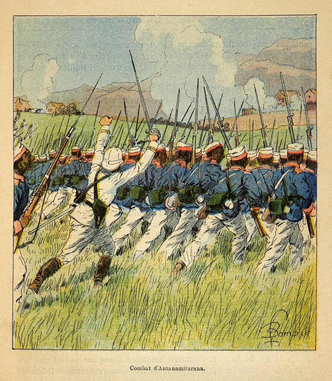 La guerra in Madagascar-Storia aneddotica delle spedizioni francesi del 1885-1895 di Henri Galli, illustrato da Louis Bombled: Truppe francesi durante le battaglie di Antanamitarana nel 1895 da Louis Charles Bombled