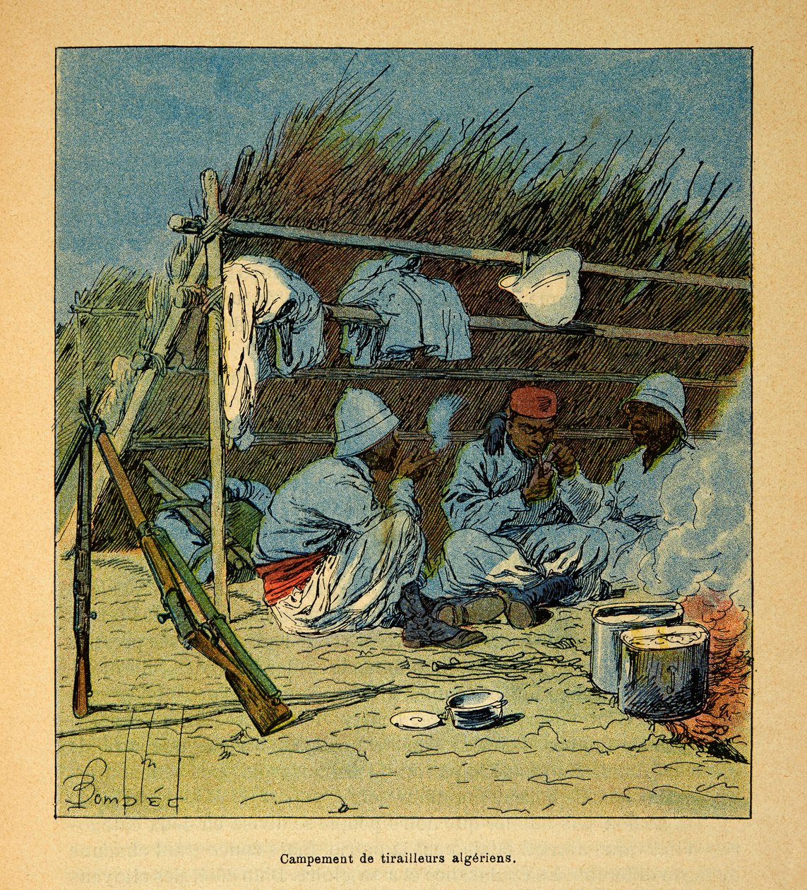 La Guerra in Madagascar-Storia Aneddotica delle Spedizioni Francesi del 1885-1895 di Henri Galli detto Galllichet (1854-1922), illustrato da Louis Bombled (1862-1927): Campo degli Algerini in Madagascar nel 1895, Collezione Privata da Louis Charles Bombled