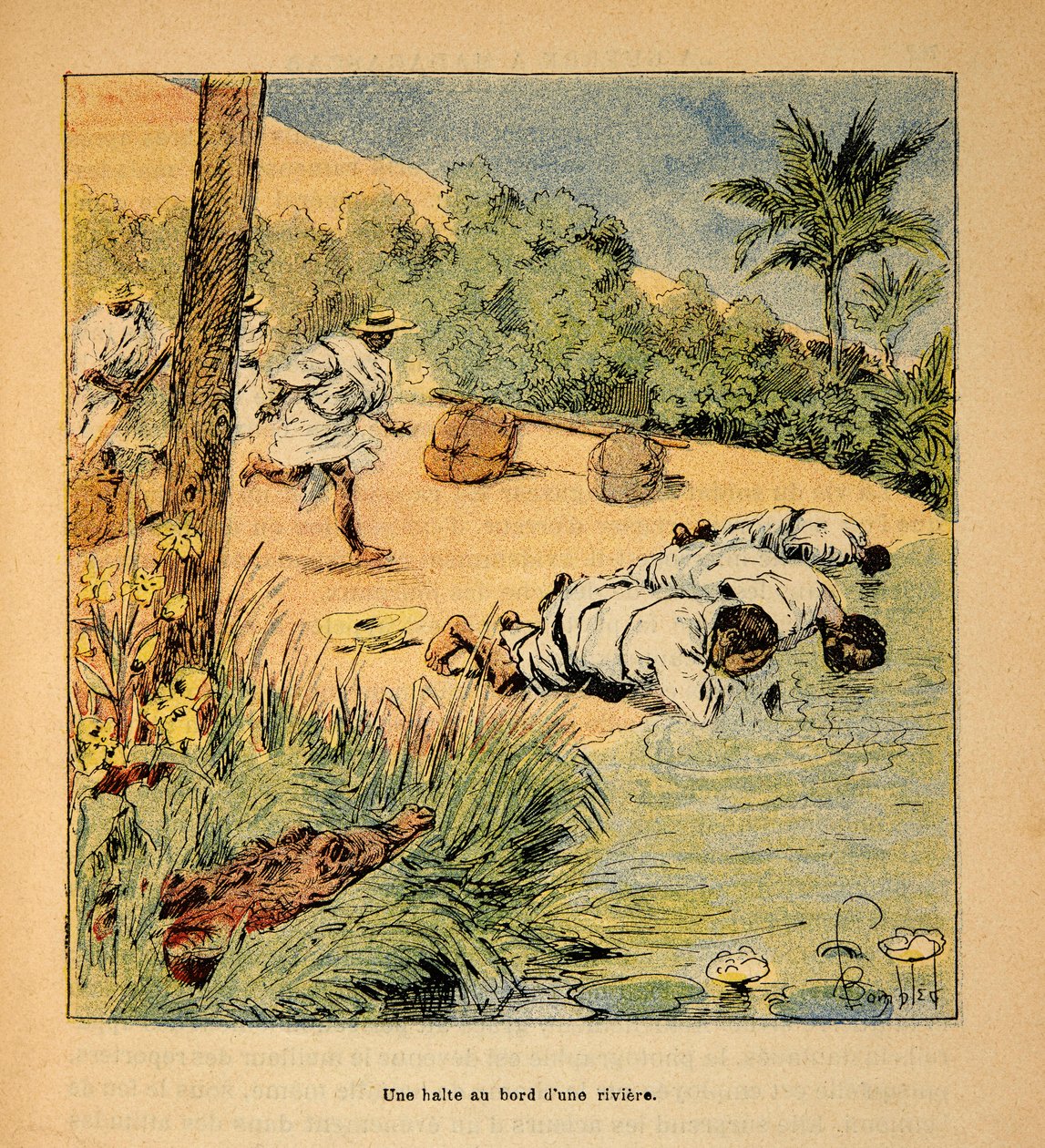 La Guerra in Madagascar-Storia Aneddotica delle Spedizioni Francesi del 1885-1895 di Henri Galli detto Galllichet (1854-1922), illustrato da Louis Bombled (1862-1927): Una sosta lungo il fiume nel 1895, Collezione Privata da Louis Charles Bombled