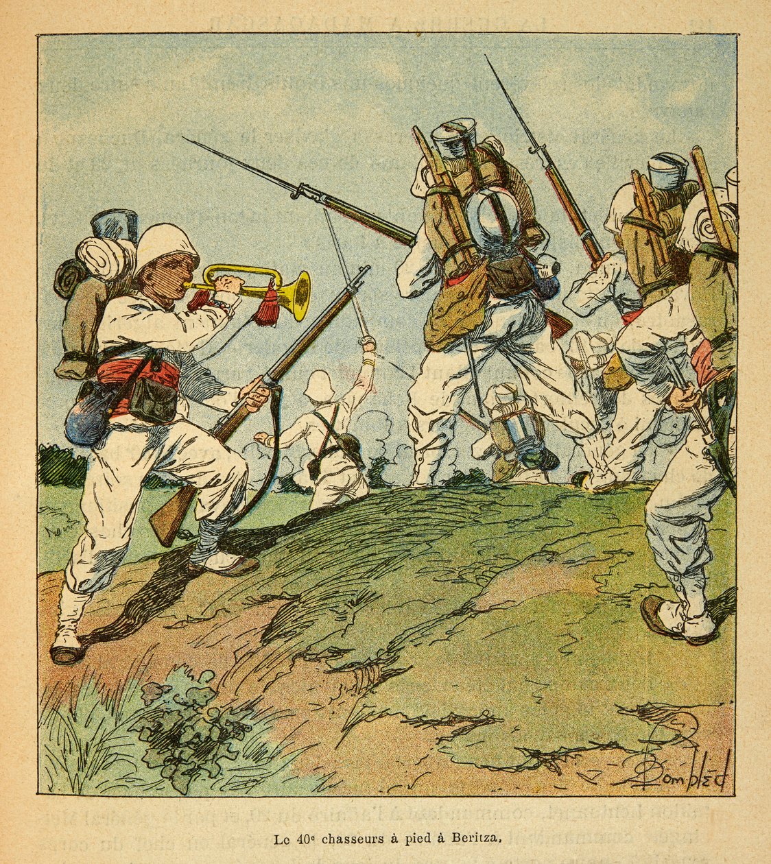 La guerra in Madagascar-Storia aneddotica delle spedizioni francesi del 1885-1895 di Henri Galli detto Galllichet (1854-1922), illustrato da Louis Bombled (1862-1927): I 40° cacciatori a piedi durante i combattimenti a Beritza nel 1895, Collezione privata da Louis Charles Bombled