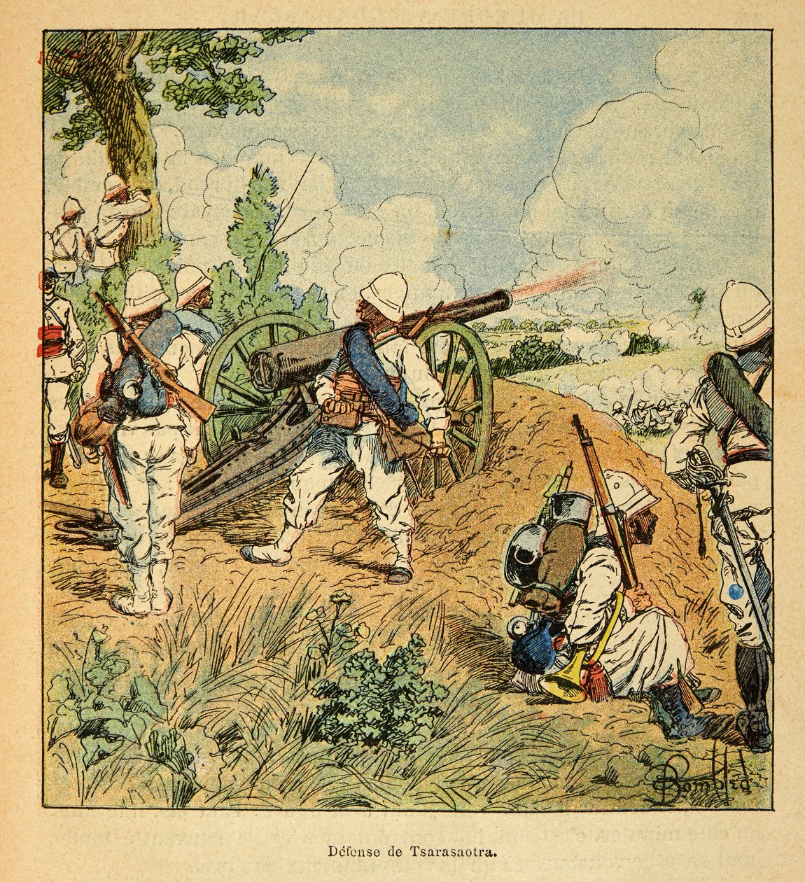 La guerra in Madagascar-Storia aneddotica delle spedizioni francesi del 1885-1895 di Henri Galli detto Galllichet (1854-1922), illustrato da Louis Bombled (1862-1927): Difesa di Tsarasaotra nel 1895, Collezione privata da Louis Charles Bombled