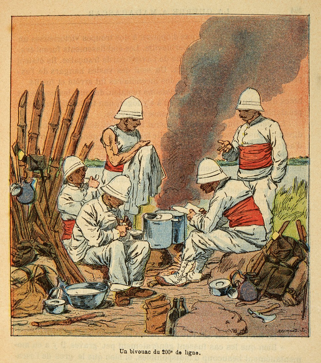 La guerra in Madagascar-Storia aneddotica delle spedizioni francesi del 1885-1895 di Henri Galli detto Galllichet (1854-1922), illustrato da Louis Bombled (1862-1927): Un bivacco del 200° linea in Madagascar nel 1895, Collezione privata da Louis Charles Bombled