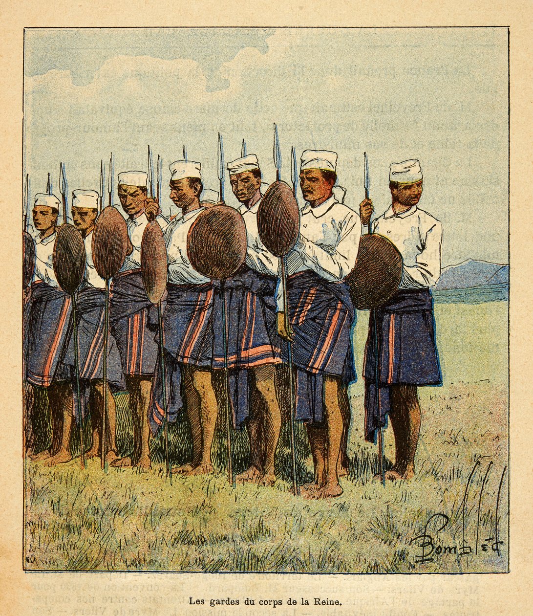 La guerra in Madagascar-Storia aneddotica delle spedizioni francesi del 1885-1895 di Henri Galli detto Galllichet (1854-1922), illustrato da Louis Bombled (1862-1927): Guardie della regina Ranavalona, Collezione privata da Louis Charles Bombled