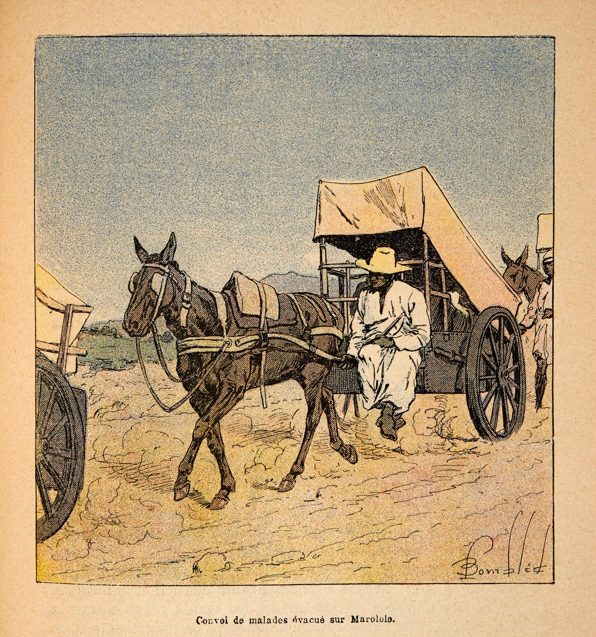 La guerra in Madagascar-Storia aneddotica delle spedizioni francesi del 1885-1895 di Henri Galli detto Galllichet (1854-1922), illustrato da Louis Bombled (1862-1927): Convoglio di malati in fuga su Marololo, Collezione privata da Louis Charles Bombled