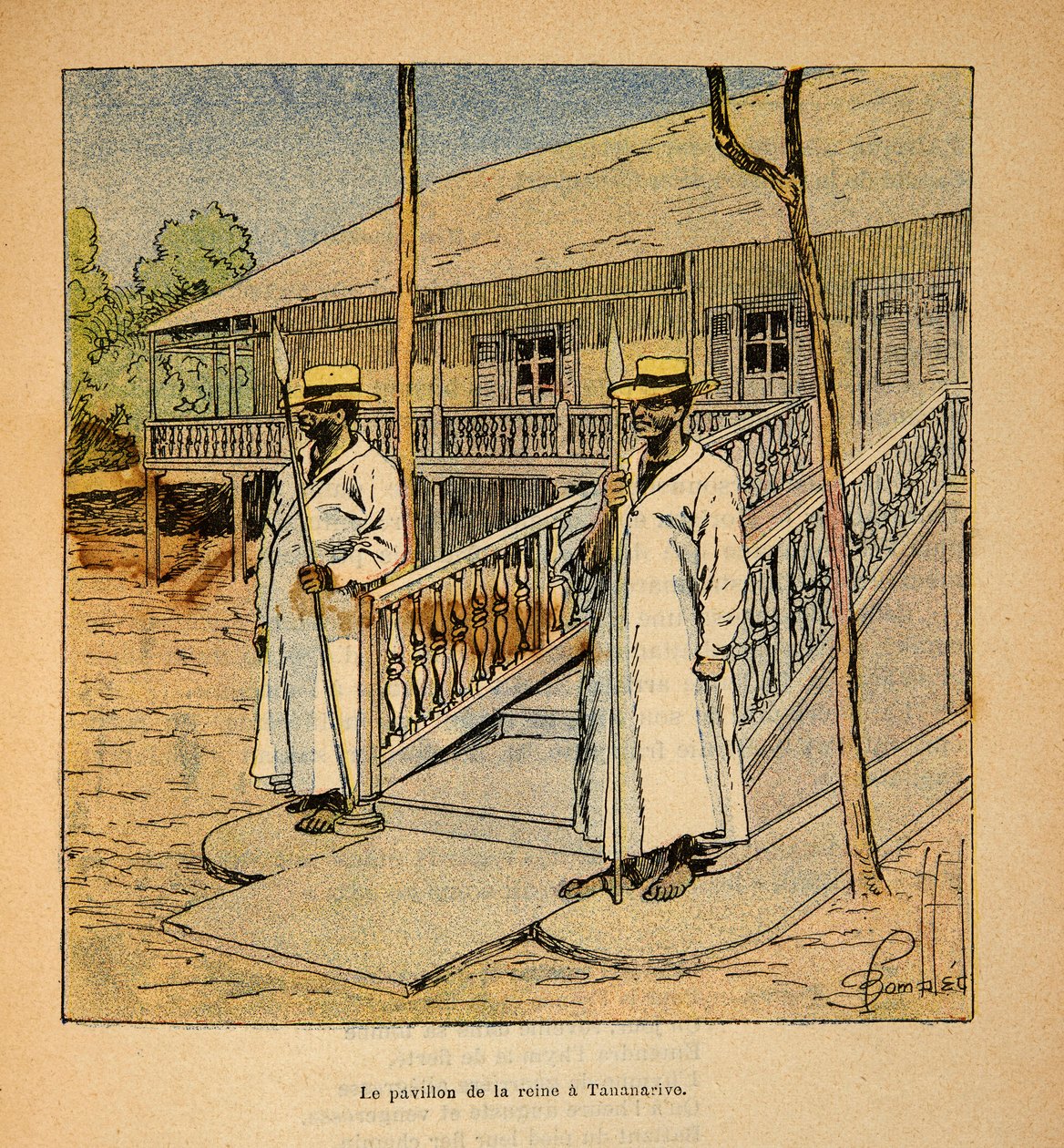 La guerra in Madagascar-Storia aneddotica delle spedizioni francesi del 1885-1895 di Henri Galli detto Galllichet (1854-1922), illustrato da Louis Bombled (1862-1927): Il padiglione della Regina Ranavalona a Tananarive nel 1895, Collezione privata da Louis Charles Bombled