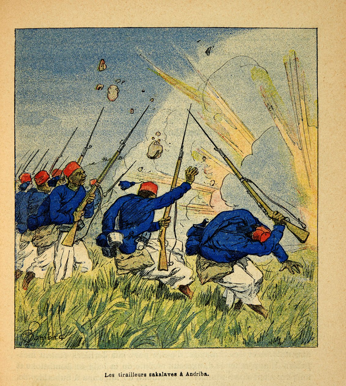 La guerra in Madagascar-Storia aneddotica delle spedizioni francesi del 1885-1895 di Henri Galli detto Galllichet (1854-1922), illustrato da Louis Bombled (1862-1927): I tiratori Sakalave durante i combattimenti ad Andriba nel 1895, Collezione privata da Louis Charles Bombled
