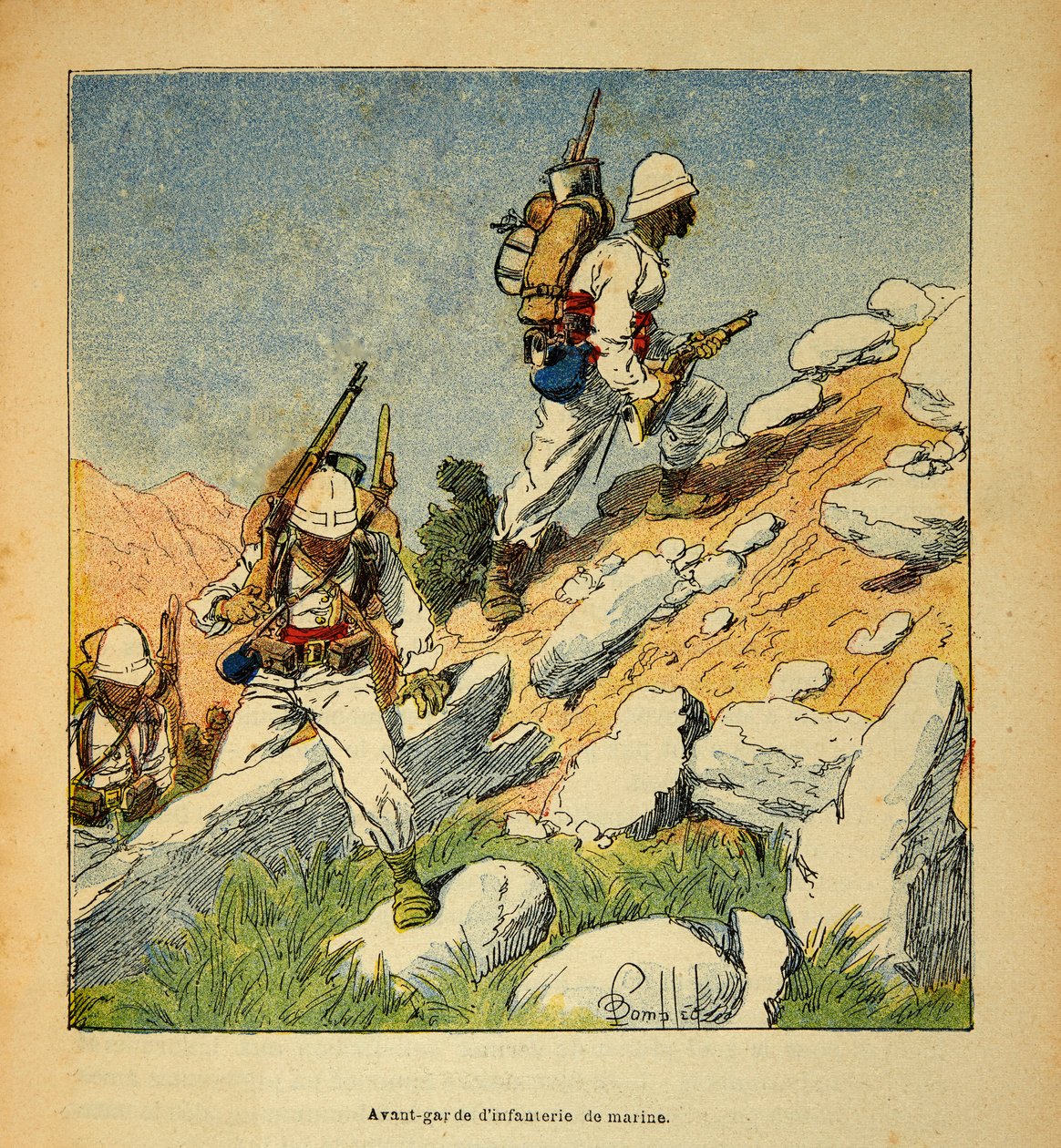 La guerra in Madagascar-Storia aneddotica delle spedizioni francesi del 1885-1895 di Henri Galli detto Galllichet (1854-1922), illustrato da Louis Bombled (1862-1927): Avanguardia di fanteria in Madagascar nel 1895, Collezione privata da Louis Charles Bombled
