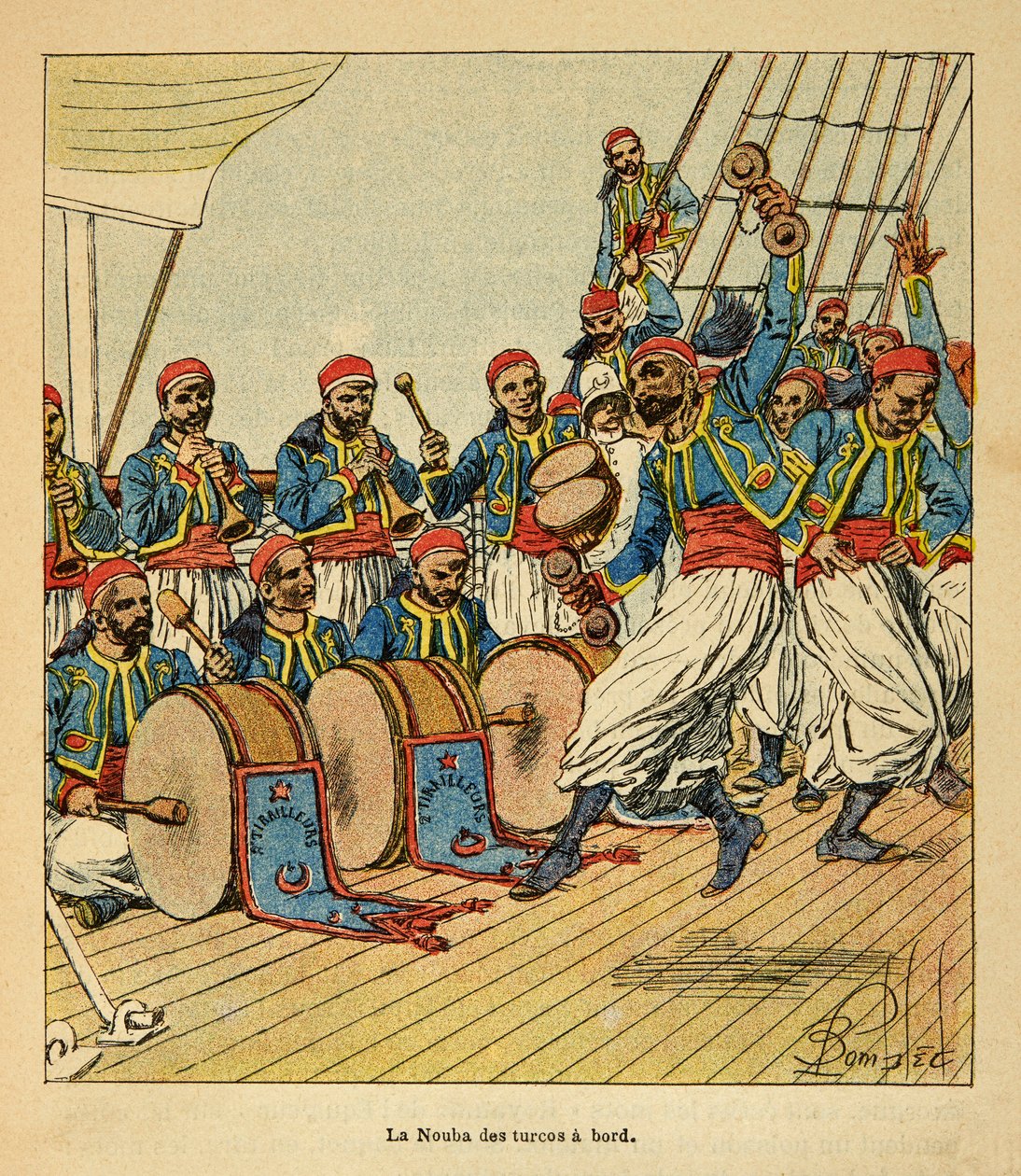 La guerra in Madagascar-Storia aneddotica delle spedizioni francesi del 1885-1895 di Henri Galli detto Galllichet (1854-1922), illustrato da Louis Bombled (1862-1927): La nouba dei turcos a bordo della nave in viaggio verso il Madagascar, Collezione privat da Louis Charles Bombled