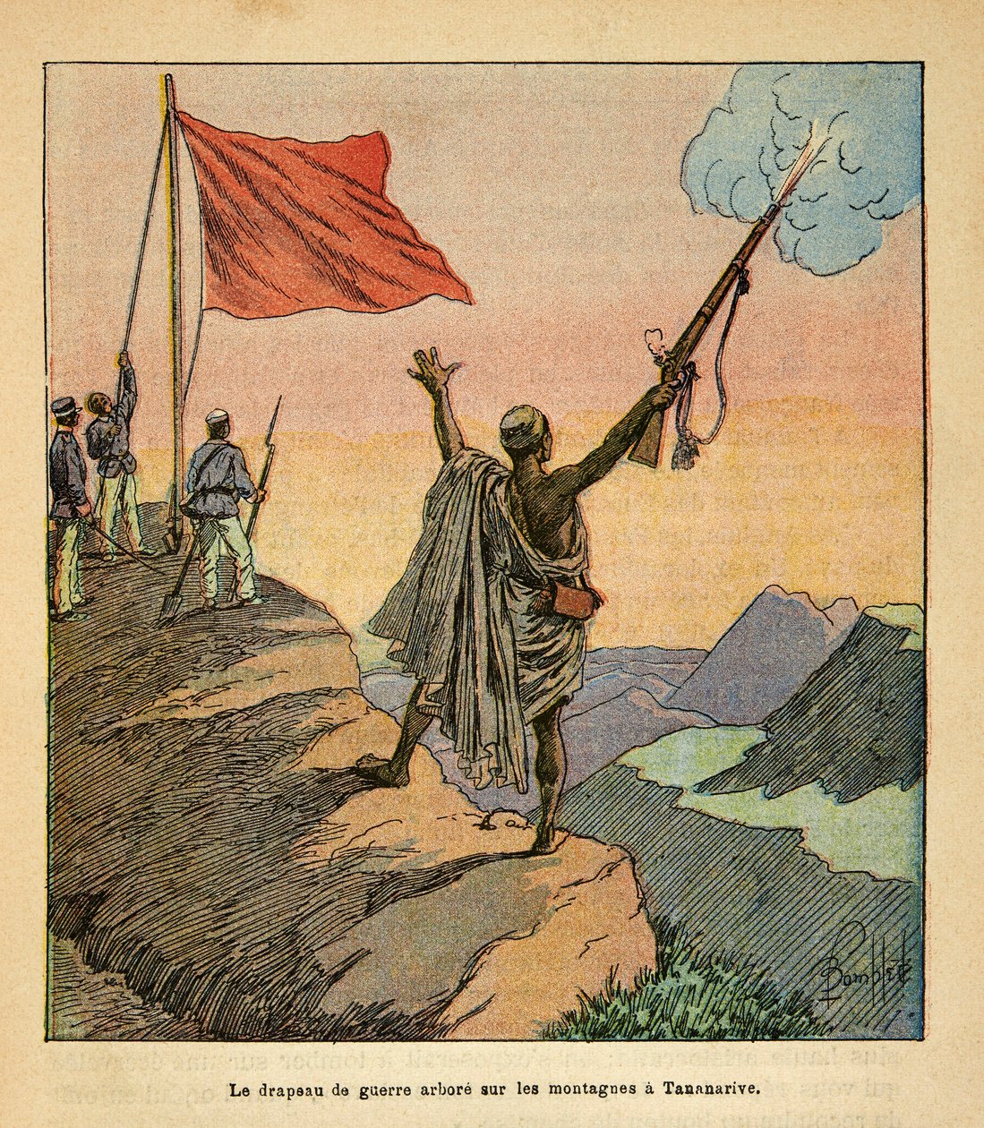 La guerra in Madagascar-Storia aneddotica delle spedizioni francesi del 1885-1895 di Henri Galli detto Galllichet (1854-1922), illustrato da Louis Bombled (1862-1927): La bandiera rossa malgascia piantata sulle montagne di Tananarive, Collezione privata da Louis Charles Bombled