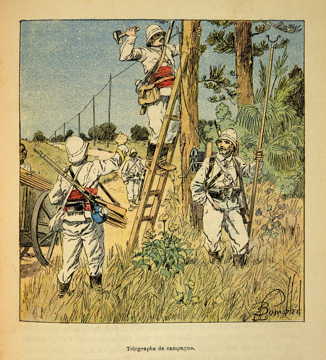La guerra in Madagascar - Storia aneddotica delle spedizioni francesi del 1885-1895 di Henri Galli dit Galllichet (1854-1922), illustrata da Louis Bombled (1862-1927): Implementazione del telegrafo di campagna da parte dei militari in Madagascar nel 1895 da Louis Charles Bombled