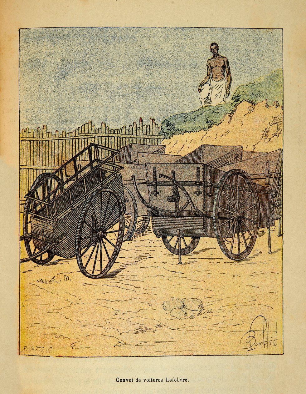 La guerra in Madagascar - Storia aneddotica delle spedizioni francesi del 1885-1895 di Henri Galli dit Galllichet (1854-1922), illustrata da Louis Bombled (1862-1927): Convoglio di auto Lefebvre per il rifornimento delle truppe da Louis Charles Bombled