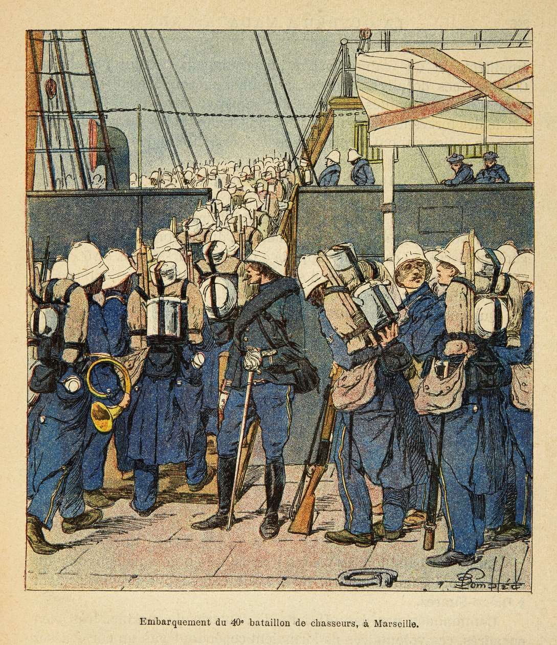 La guerra in Madagascar - Storia aneddotica delle spedizioni francesi del 1885-1895 di Henri Galli dit Galllichet (1854-1922), illustrata da Louis Bombled (1862-1927): Imbarco del 40º battaglione cacciatori a Marsiglia per il Madagascar nel 1895 da Louis Charles Bombled