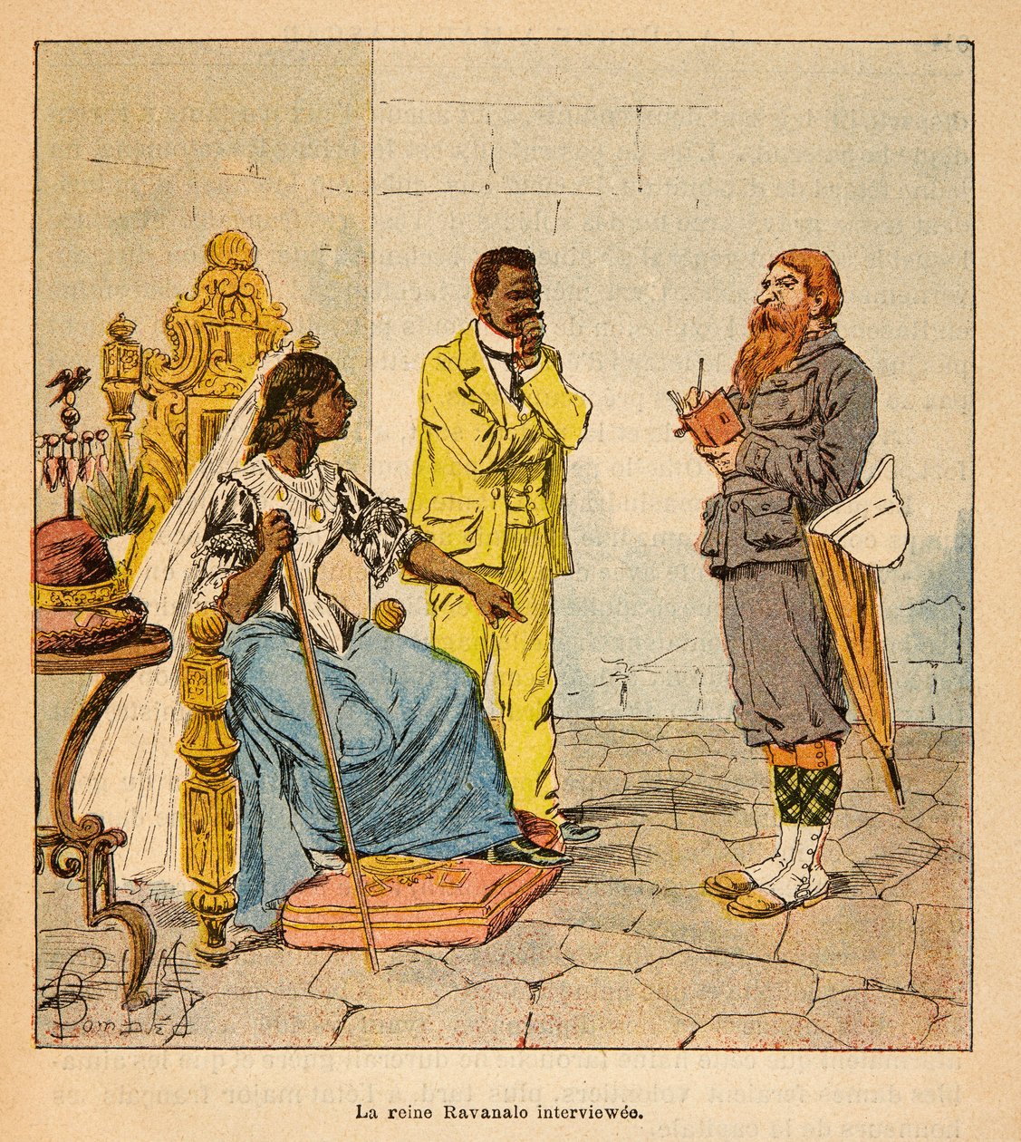 La guerra in Madagascar-Storia aneddotica delle spedizioni francesi del 1885-1895 di Henri Galli, illustrato da Louis Bombled: Un giornalista inglese intervista la regina Ravanalo nel 1895 alla presenza del suo primo ministro da Louis Charles Bombled
