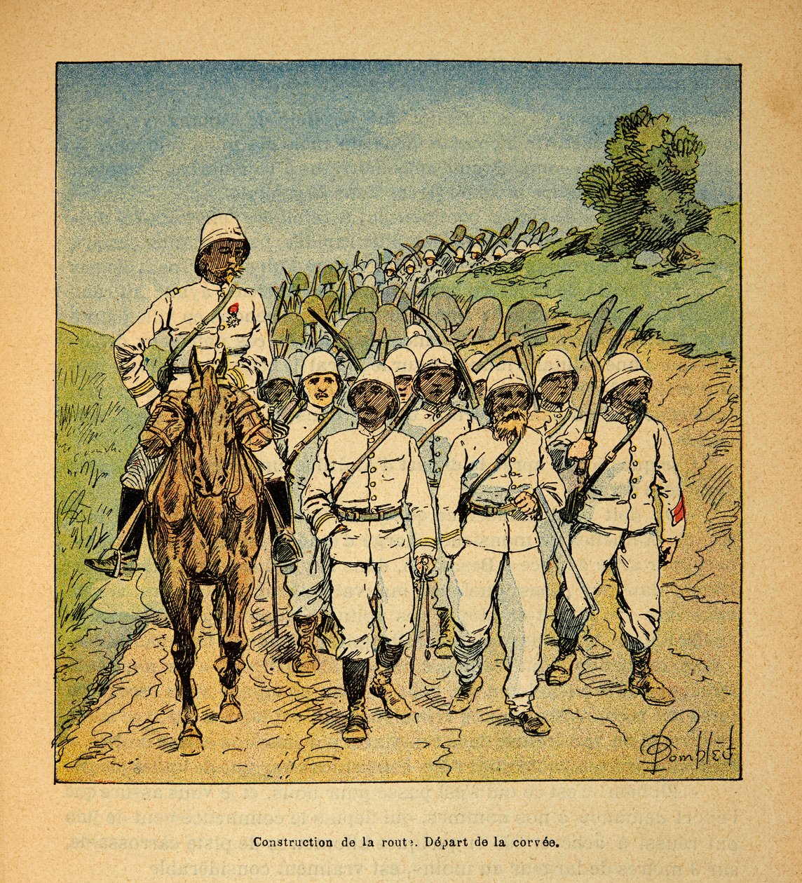 La guerra in Madagascar-Storia aneddotica delle spedizioni francesi del 1885-1895 di Henri Galli, illustrato da Louis Bombled: Costruzione di una strada in Madagascar, inizio della corvée da Louis Charles Bombled