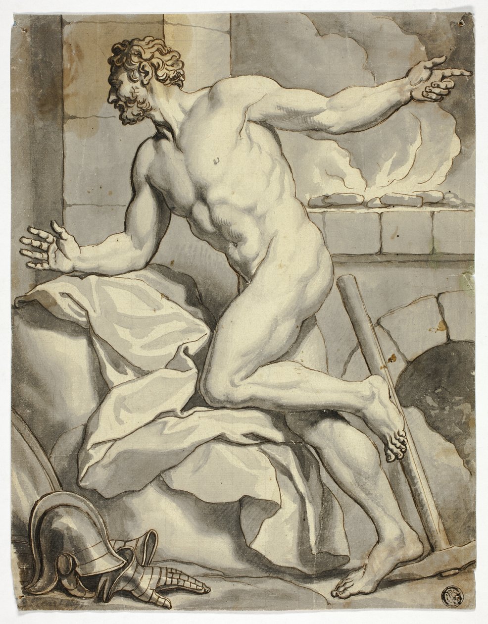 Nudo maschile inginocchiato accanto a una fornace (Vulcano), con elmetto e guanti di metallo sul pavimento da Louis Cheron