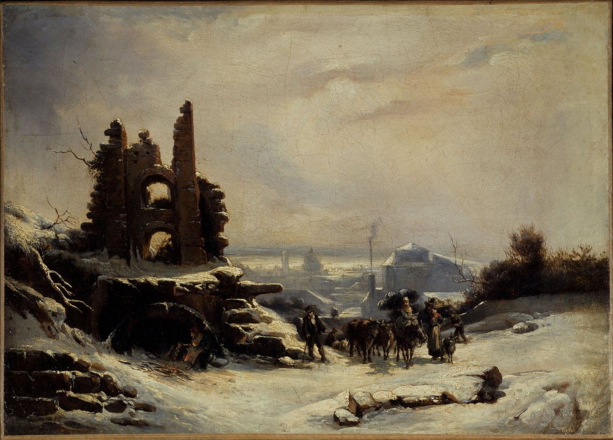 Il ritorno dal mercato (effetto neve su Parigi), 1830 circa (olio su tela) da Louis Claude Mallebranche