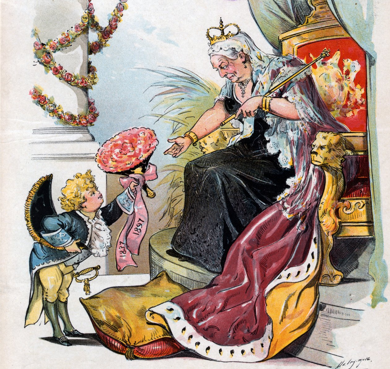 Puck che si inchina e porge un mazzo di fiori con la scritta "1837 1897" alla Regina Vittoria da Louis Dalrymple