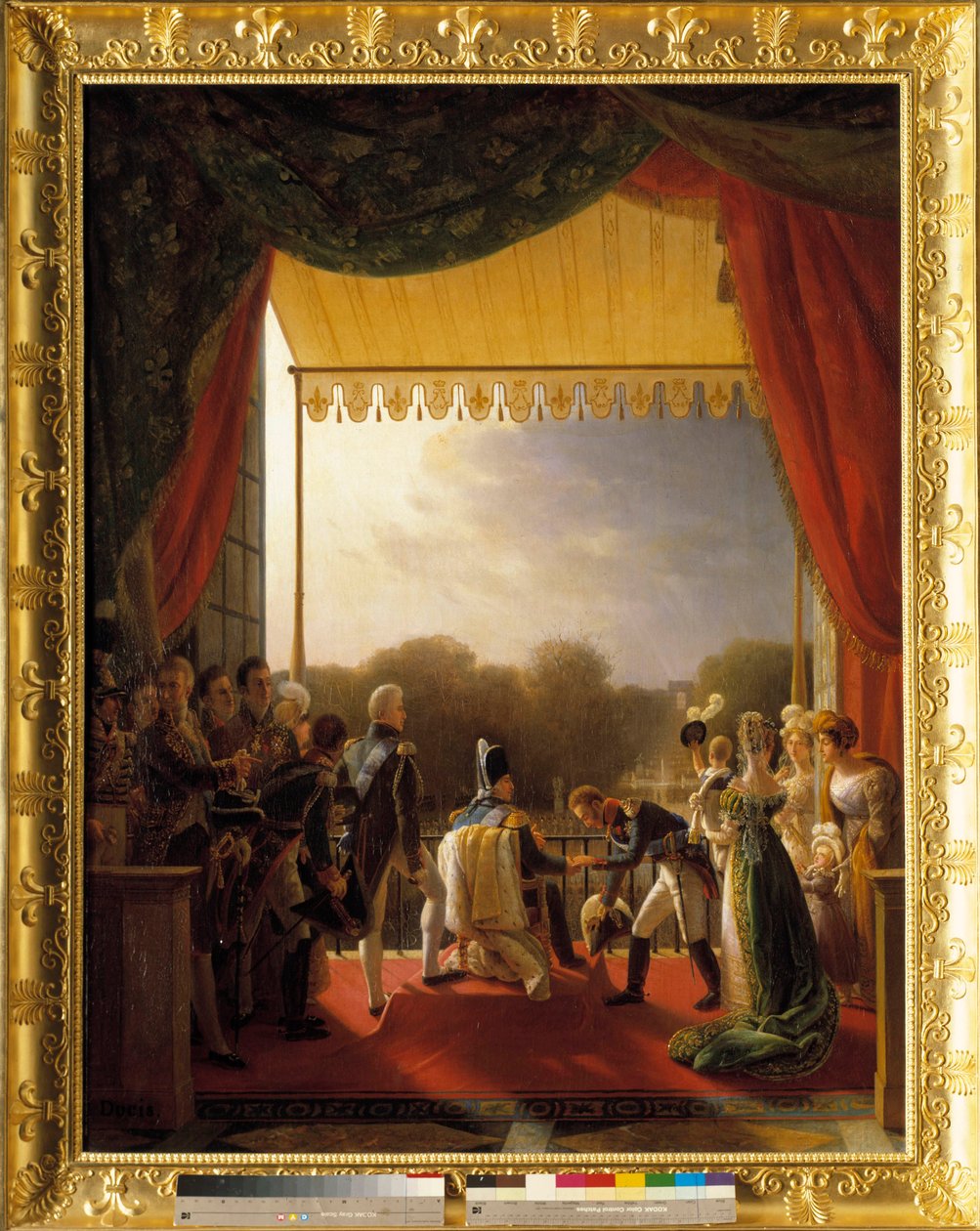 Luigi XVIII, circondato dai membri della famiglia reale, assiste dal balcone delle Tuileries al ritorno dell