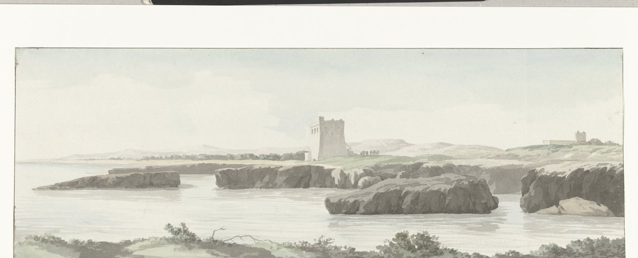Vista della costa del mare Adriatico con una torre di osservazione oltre Monopoli (Voyage en Italie, en Sicile et à Malte - 1778) da Louis Ducros