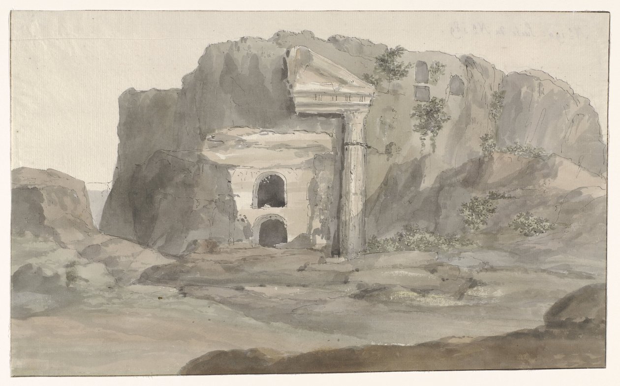Tombe con facciata in stile dorico scolpite nella roccia nei dintorni di Siracusa (Voyage en Italie, en Sicile et à Malte - 1778) da Louis Ducros