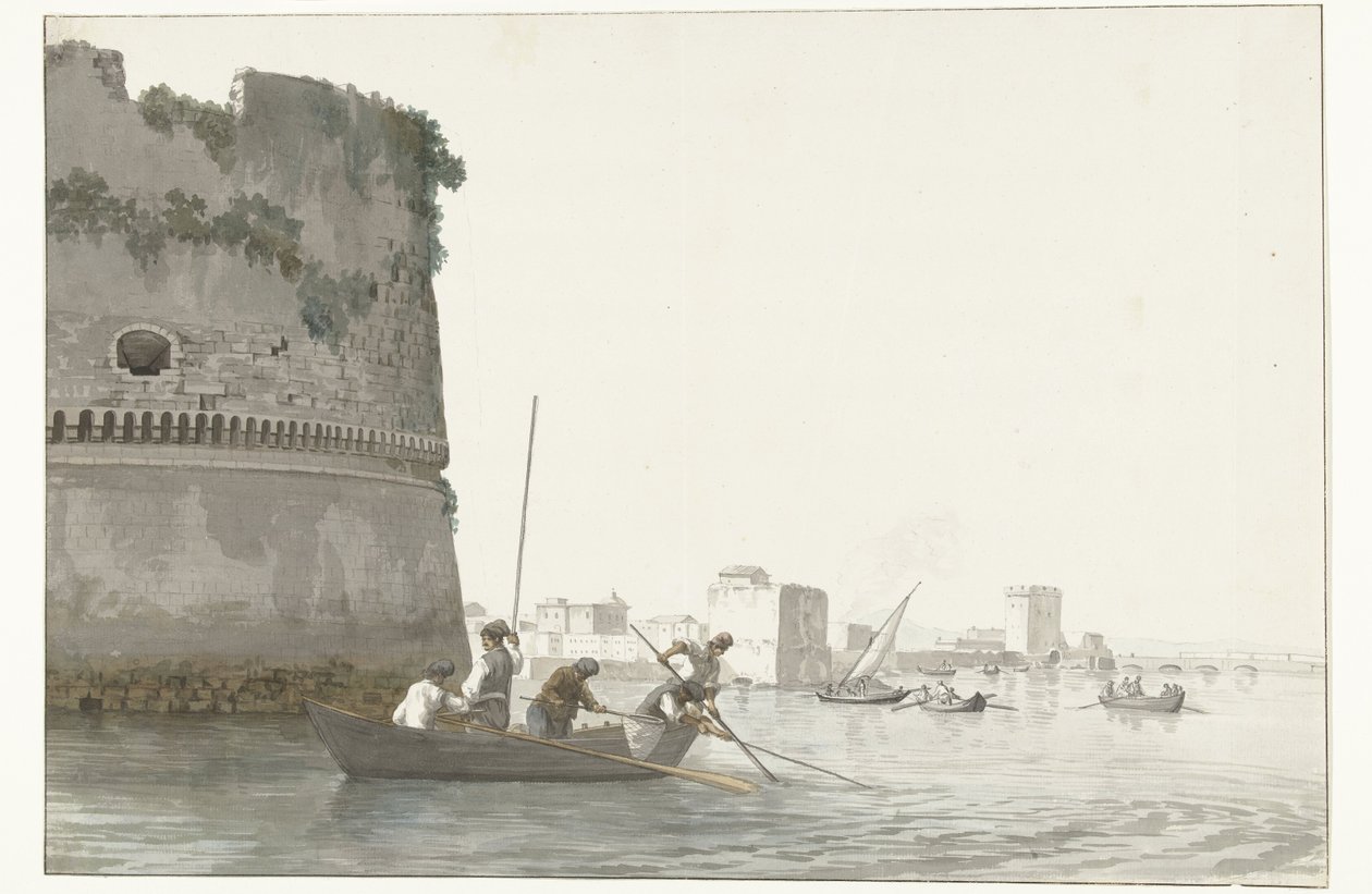 Pescatori di cozze sul Mare Piccolo presso le fortificazioni di Taranto da Louis Ducros