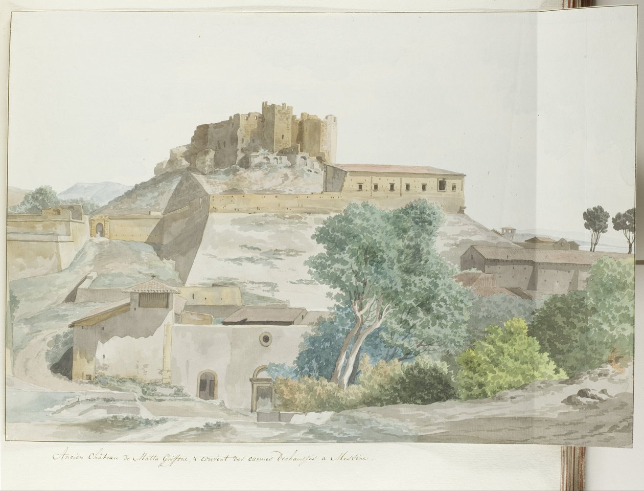 Vecchio castello di Mata e Grifone e il monastero dei Carmelitani a Messina (Voyage en Italie, en Sicile et à Malte - 1778) da Louis Ducros
