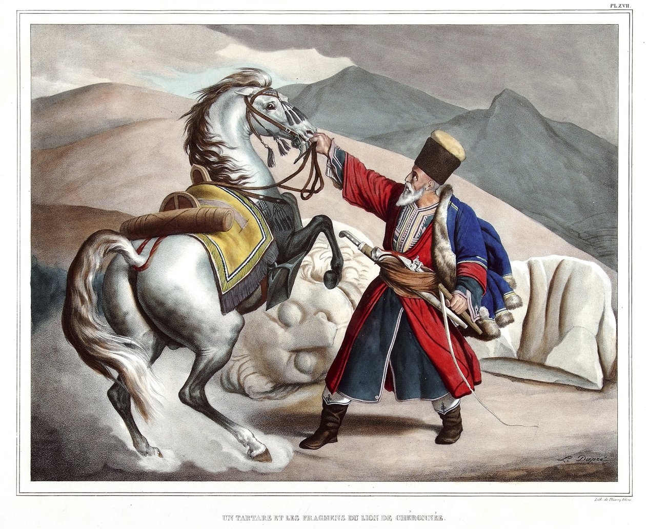 Un tartaro e frammenti del leone di Cheronea. in "Viaggio ad Atene e Costantinopoli, o raccolta di ritratti greci e ottomani, vedute e costumi, dipinti sul posto o dopo la natura, litografie e colori di Louis Dupre (1789-1837), allievo di David." da Louis Dupré