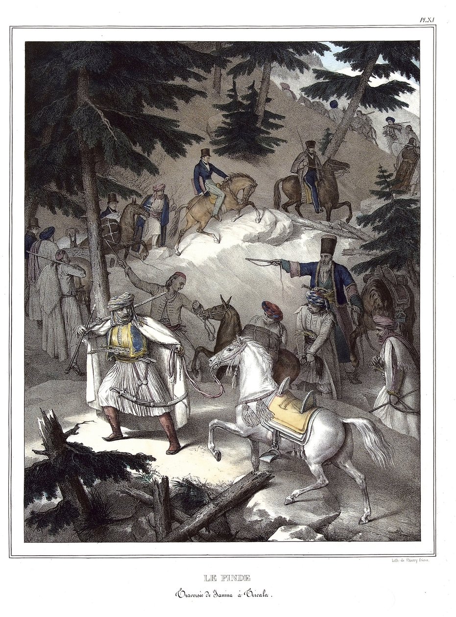 Il Pindo, attraversamento da Janina a Tricala. in "Viaggio ad Atene e Costantinopoli, o raccolta di ritratti greci e ottomani, vedute e costumi, dipinti sul posto o dopo la natura, litografie e colori di Louis Dupre (1789-1837), allievo di David.1825" da Louis Dupré