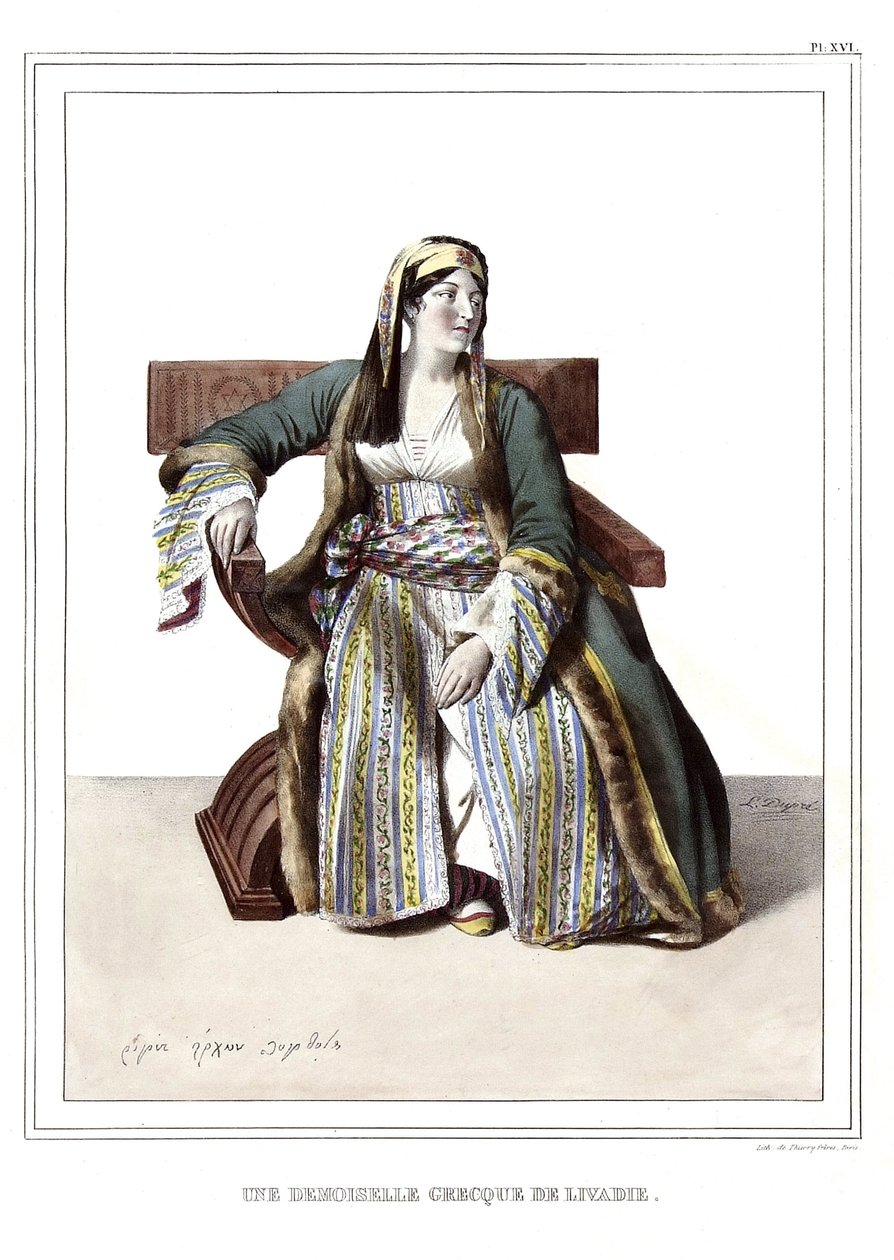 Una signora greca di Livadia. in "Viaggio ad Atene e Costantinopoli, o raccolta di ritratti greci e ottomani, vedute e costumi, dipinti sul posto secondo natura, litografie e colori di Louis Dupré (1789-1837), allievo di David. 1825. da Louis Dupré