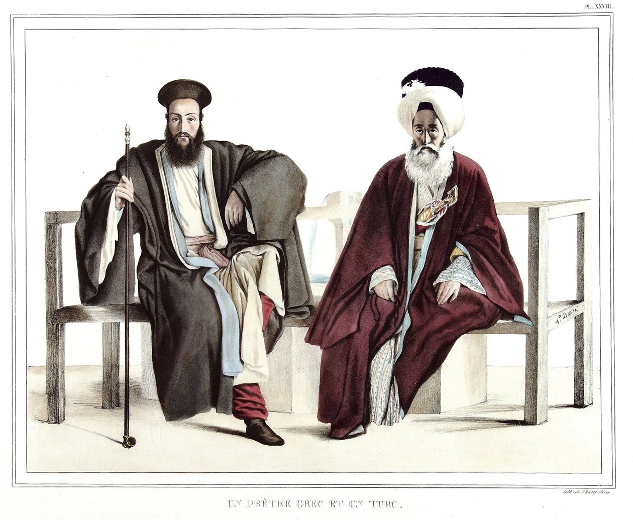 Un prete greco e un turco. in "Viaggio ad Atene e Costantinopoli, o raccolta di ritratti, vedute e costumi greci e ottomani, dipinti sul posto dopo la natura, litografie e colori di Louis Dupre (1789-1837), allievo di David.1825 da Louis Dupré