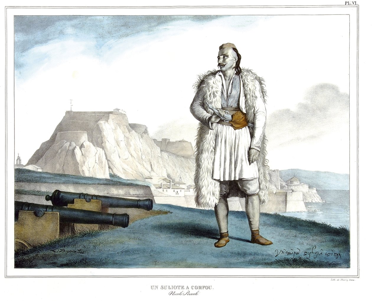Un Suliote a Corfù, Nicolo Pervoli, in "Viaggio ad Atene e Costantinopoli, o raccolta di ritratti greci e ottomani, vedute e costumi, dipinti sul posto secondo natura, litografie e colori di Louis Dupré (1789-1837), allievo di David. 1825. da Louis Dupré