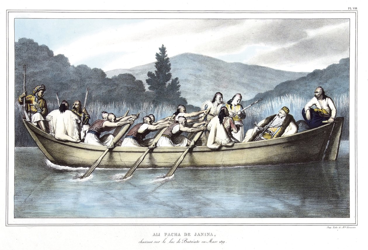 Ali Pascià di Giannina (1741-1822), caccia sul lago Butrinto nel marzo 1819. in "Viaggio ad Atene e Costantinopoli, o raccolta di ritratti greci e ottomani, vedute e costumi, dipinti sul posto secondo natura, litografie e colori di Louis Dupré (1789-1837), da Louis Dupré
