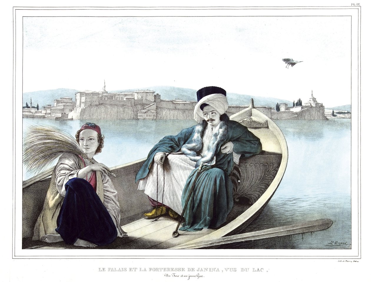 Il palazzo e la fortezza di Janina, visti dal lago. Un turco e un giovane greco. in "Viaggio ad Atene e Costantinopoli, o raccolta di ritratti, vedute e costumi greci e ottomani, dipinti sul posto dopo la natura, litografie e colori di Louis Dupre (1789-18 da Louis Dupré