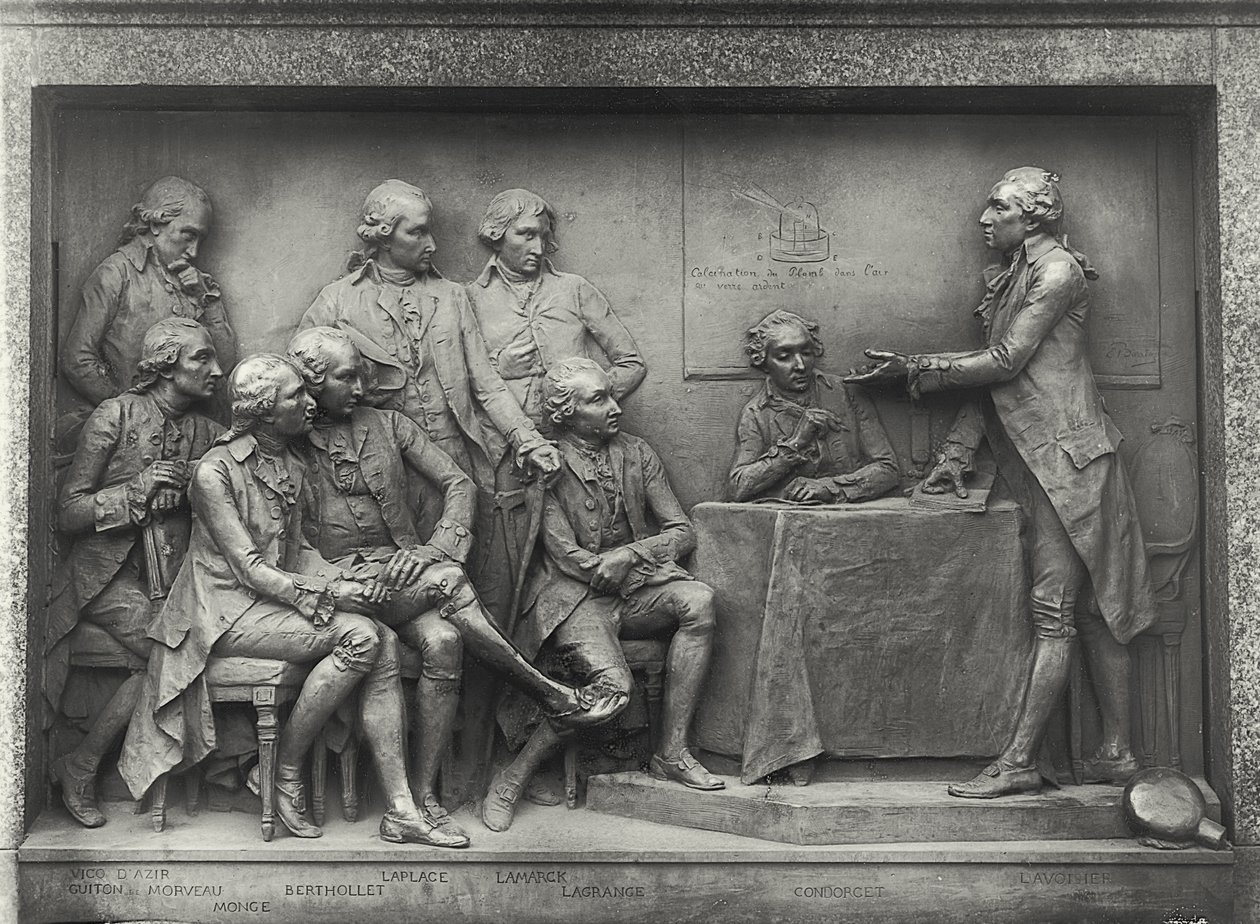 Antoine Laurent Lavoisier (1743-94) che spiega la sua analisi dell