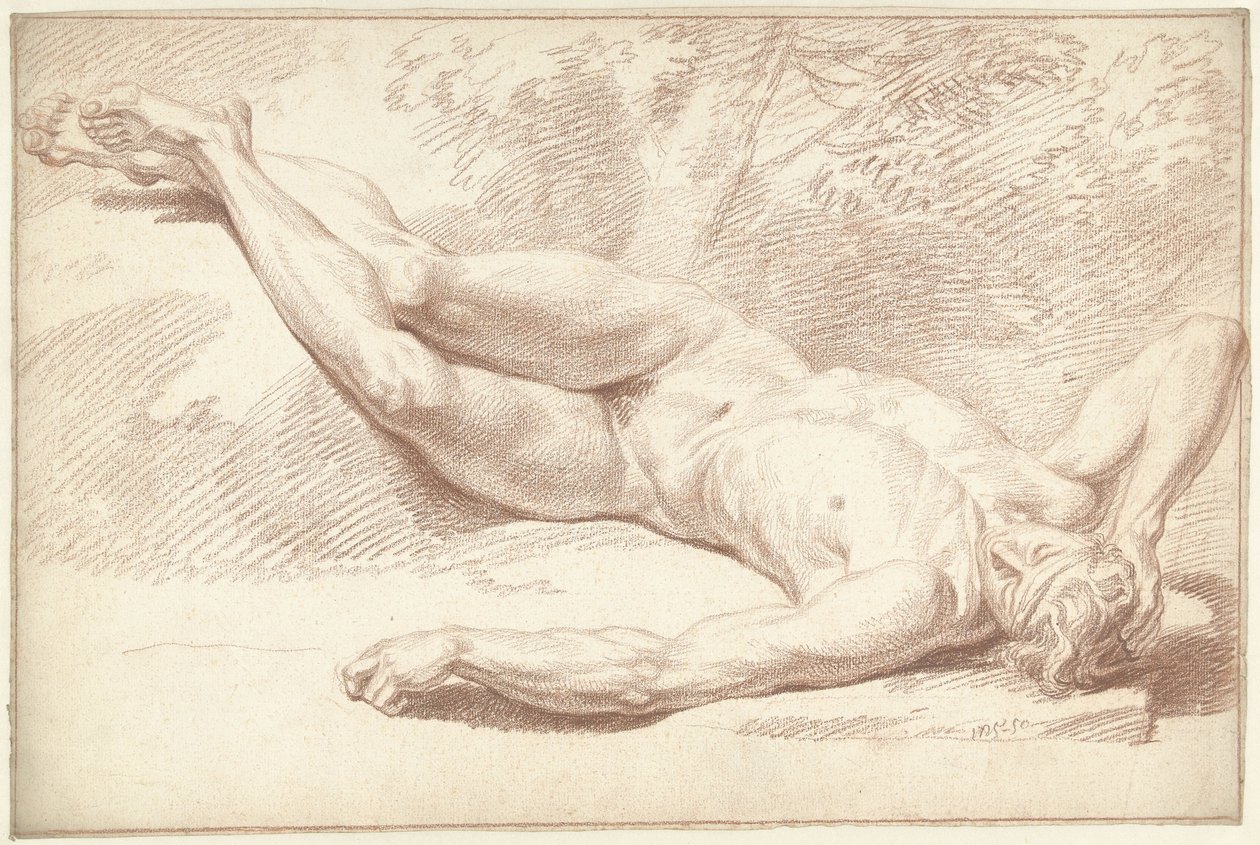 Nudo maschile, sdraiato sulla schiena, verso destra da Louis Fabritius Dubourg
